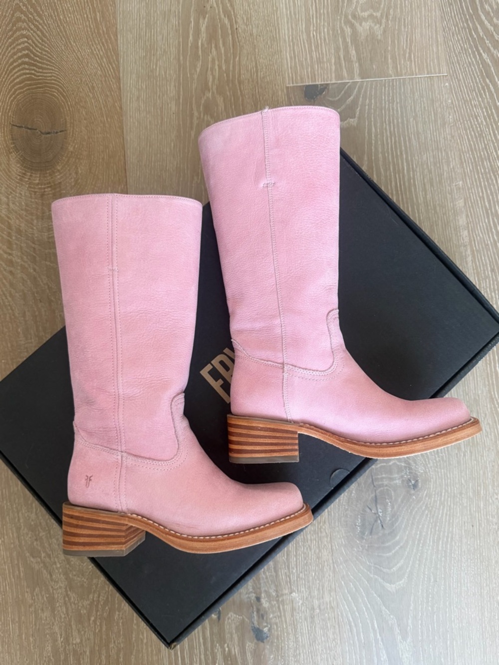 Frye Pink Leather Mid-Calf Stacked Heel Boots - Picture 2 of 8
